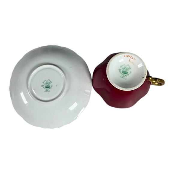 Vintage Hammersley & Co Footed TeaCup &Saucer Gold Trim Maroon Bone China Floral - Picture 7 of 9